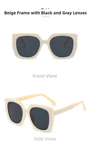 Front and 45-degree views of cream square sunglasses with sparkling rhinestone inlay