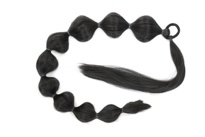 Detail of 75cm black bubble ponytail extension with 11 sections on white background