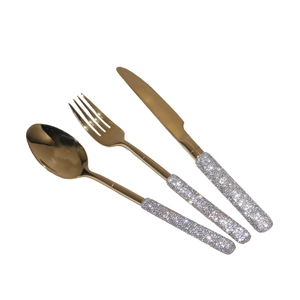 Luxury 3-piece 304 stainless steel cutlery set with gold finish and silver glitter handles