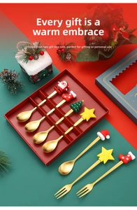 Close-up of golden stainless steel Christmas cutlery set with festive 3D cartoon charms