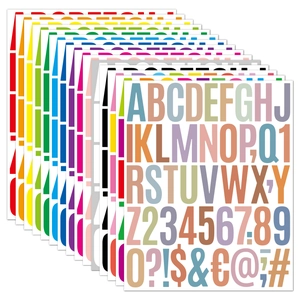 Close-up of colorful 2-inch alphabet and number stickers for journals and crafts