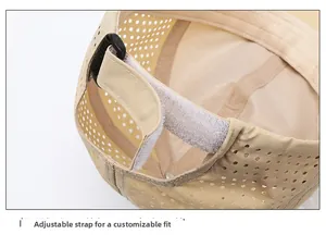Détail de la fermeture velcro et des trous de ventilation laser sur la casquette beige