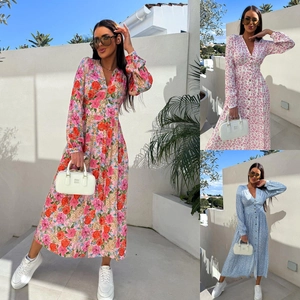 Women V Neck Floral Print Maxi Dress Long Sleeve Single Breasted Elastic Waist Elegant Vacation Long Dress For Women