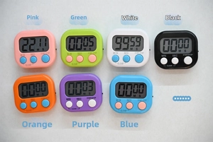 Detailed display of colorful mini digital timers with large LCD screens and three buttons
