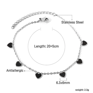 Detail of silver stainless steel anklet showing 20+5cm length and black heart charm size