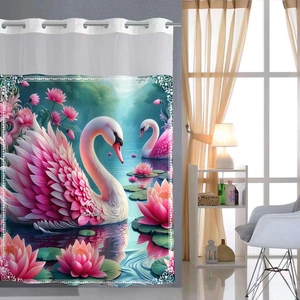 Detailed view of white swan and pink lotus print on waterproof shower curtain fabric