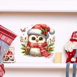 Sticker mural hibou de Noël lumineux avec bonnet rouge et baies pour décor de maison