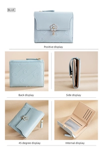 Detail view of blue short leather wallet for women with flower embossing and card slots