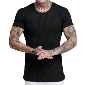 Men's slim fit black short sleeve T-shirt with vertical rib texture and crew neck