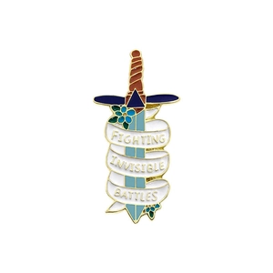 Cartoon sword enamel pin with Fighting Invisible Battles text on white background