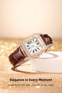 Detail of rose gold rectangular watch with diamond-encrusted bezel and brown leather strap