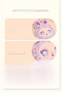 Detail view of purple plush bunny charm with fine embroidery and metal bead chain