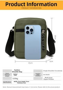 Macro view of army green mini nylon crossbody bag with size and dimension specs