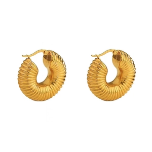 Polished 18k gold plated stainless steel hollow hoop earrings with spiral texture design