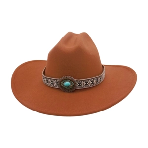 Detail of western wool fedora featuring ethnic woven band and turquoise stone accent