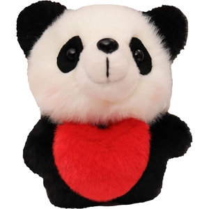 Cute panda plush toy with red heart and pink cheeks on a clean white background