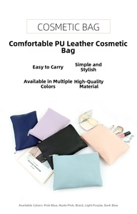 Close-up of PU leather cosmetic bags in various colors with metallic zipper detail
