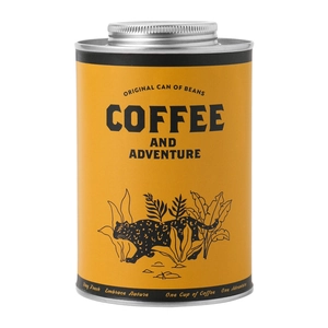 Yellow airtight metal coffee bean canister with a leopard print and silver screw cap