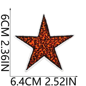 Star-shaped patch with orange leopard embroidery showing dimensions of 6.4 x 6 cm