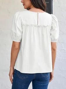 White puff sleeve doll shirt for women featuring a back ruffle and cotton-linen texture