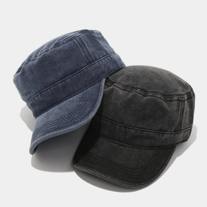 Vintage washed cotton flat top military caps in navy blue and charcoal grey colors