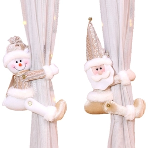 Christmas snowman and Santa Claus curtain tieback holders in champagne gold plush fabric