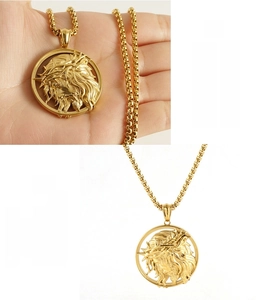 Detailed 3D gold Jesus pendant with thorn crown on stainless steel box chain