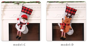 Detail of Christmas stocking featuring 3D snowman and reindeer designs in rustic plaid
