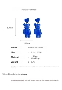 Blue flocked bear earrings with heart detail showing size 5.7cm height and 2.0cm width
