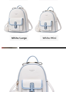 Size comparison between large and mini white backpacks with light blue trim and fuzzy charms