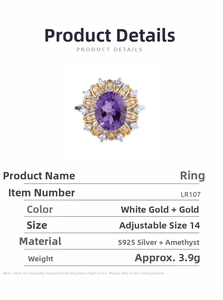 Detail view of sunflower-shaped S925 silver ring featuring an oval purple amethyst