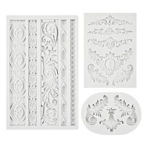 Set of 3 white silicone baroque relief molds for cake border and fondant lace textures