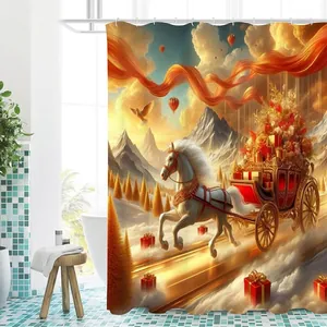 Christmas shower curtain featuring a white horse pulling a red gift carriage in the clouds