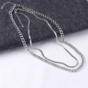 Double-layered silver stainless steel Cuban and snake chain necklace for men and women