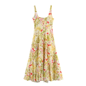 Sleeveless floral A-line maxi dress in beige with red and green botanical prints