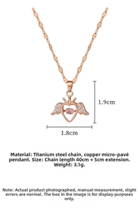 Detailed view of rose gold angel wing heart necklace with pink stone and dimensions
