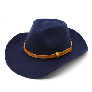 Detailed view of navy blue wool fedora with brown leather band and metal buckle detail