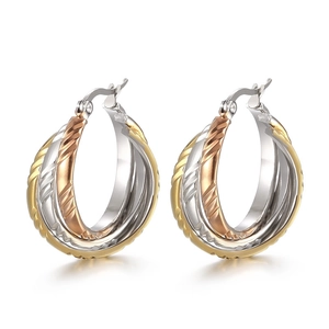 Three-tone stainless steel hoop earrings with textured finish and latch-back design