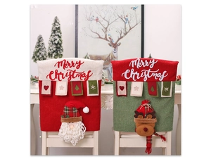 Detail of Christmas chair covers featuring 3D Santa and reindeer with embroidered lettering