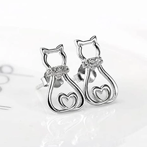 Minimalist silver cat stud earrings with hollow heart and sparkling zircon collar details