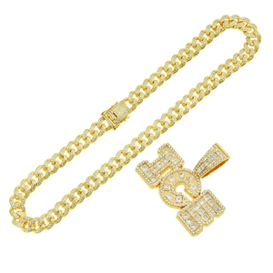 Hip hop gold Cuban chain necklace with iced out ICE letter pendant and clear crystals