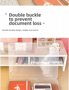 Close-up of A4 clear plastic file box with secure double buckles for office storage