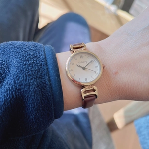 Close-up of a GoGoey women's watch with golden case and brown leather strap on wrist