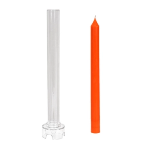 Tall cylinder candle mold with orange wax candle on a clean white background
