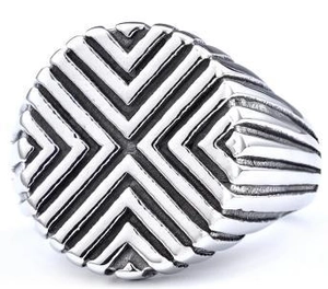 Macro shot of silver stainless steel ring with radial geometric striped pattern