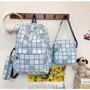 Three-piece light blue plaid backpack set with crossbody bag and pencil case for school