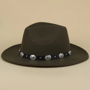 Detail of dark green fedora with leather band and silver metal rivet ornaments