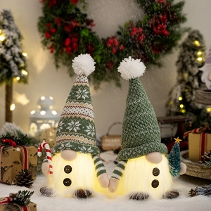 Christmas Gnome Decorations LED Lighted Plush Doll Knitted Hat Candy Cane Mini Tree Tabletop Holiday Home Ornament