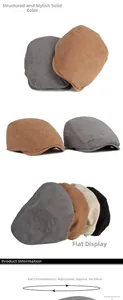 Detail of adjustable corduroy flat cap showing size 54-59cm in various colors