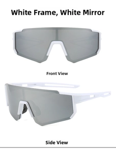 Front and side views of white cycling sunglasses with silver mirrored lenses for sports